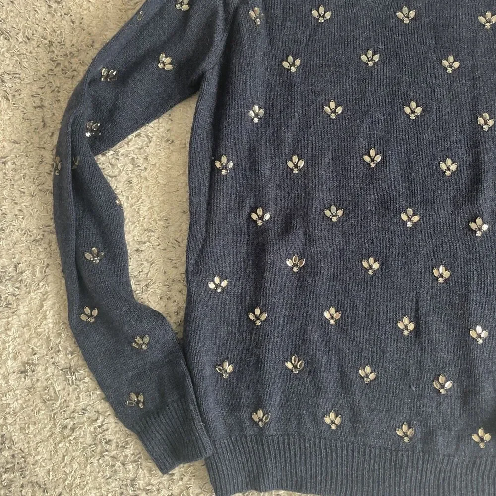 Joie Embellished Navy Blue Wool Cashmere Blend Sweater Size XS Holiday Sparkle